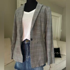 BANANA REPUBLIC Long & Lean Y2K Chic Blazer Jacket Black White Plaid Size 0